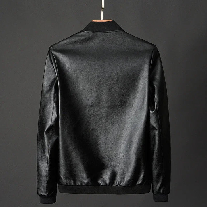 Men's Leather Bomber Jacket with Ribbed Trims