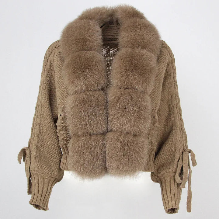 Women's Fur Trim Knitted Cardigan in Cropped Fit