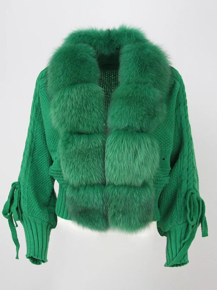 Women's Fur Trim Knitted Cardigan in Cropped Fit