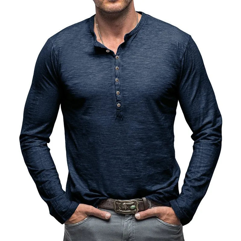 Men's Long Sleeve Henley with Extended Button Placket