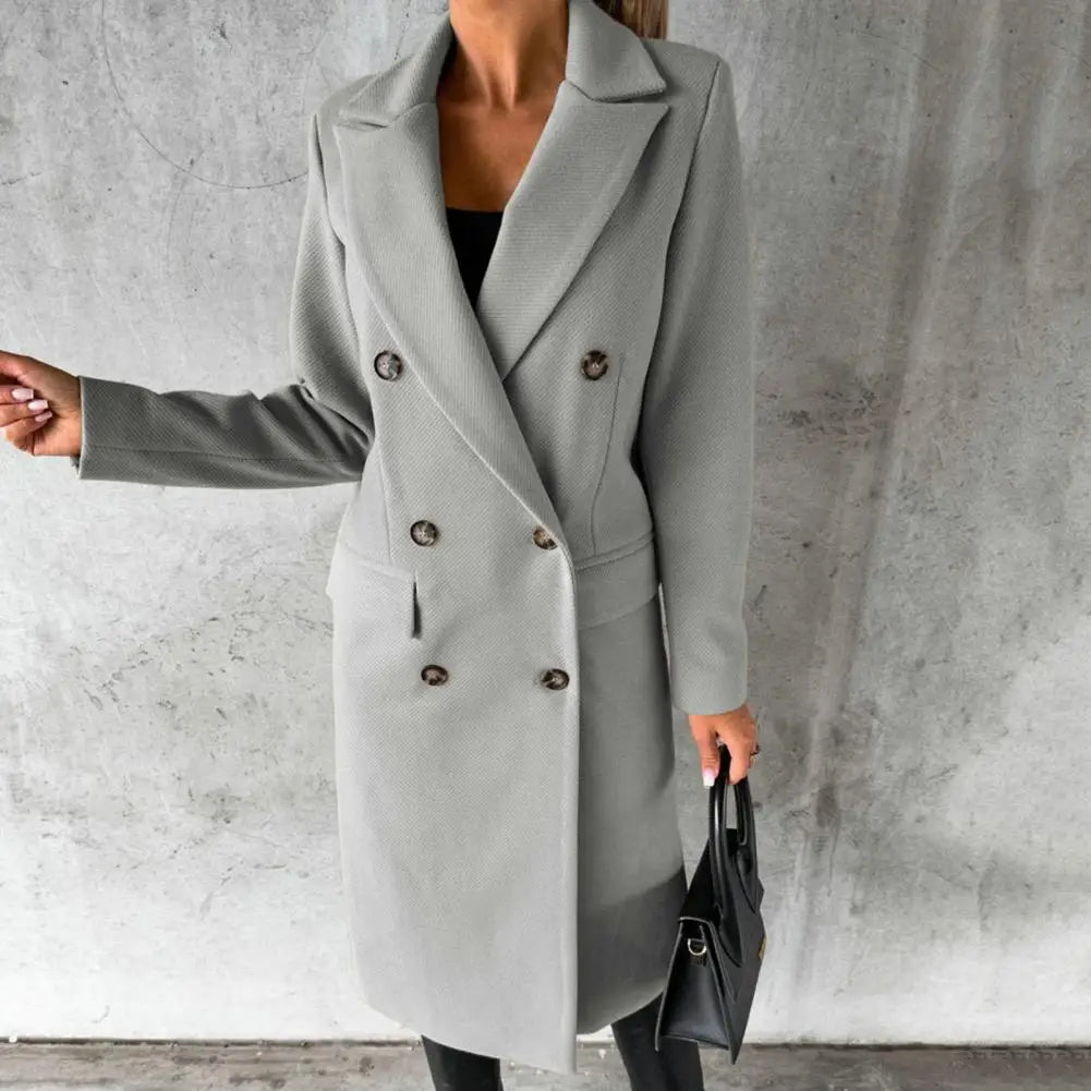 Women's Double-Breasted Long Coat with Notched Lapel