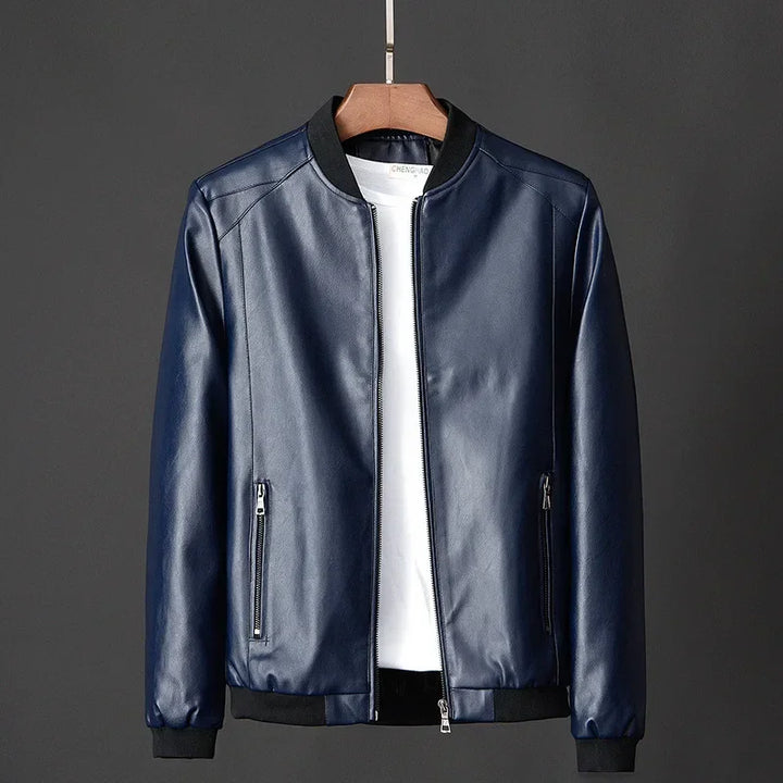 Men's Leather Bomber Jacket with Ribbed Trims