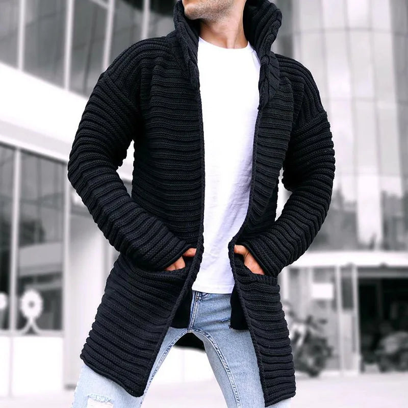 Men's Ribbed Knit Longline Cardigan with Shawl Collar