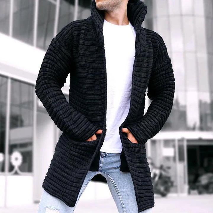 Men's Ribbed Knit Longline Cardigan with Shawl Collar