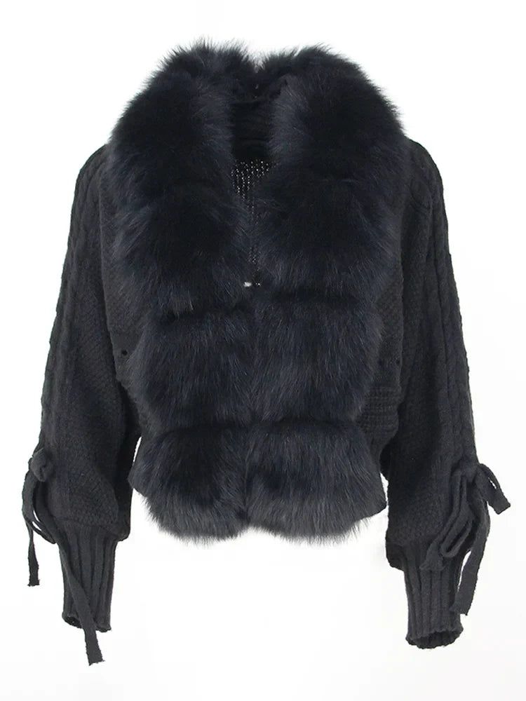 Women's Fur Trim Knitted Cardigan in Cropped Fit