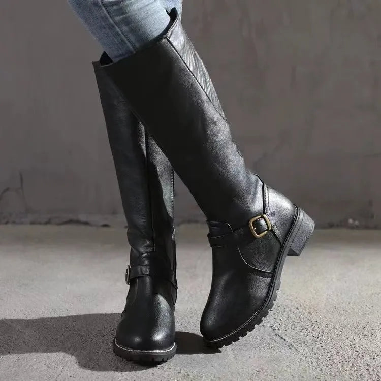 Women's Leather Knee High Boots with Buckle Detail