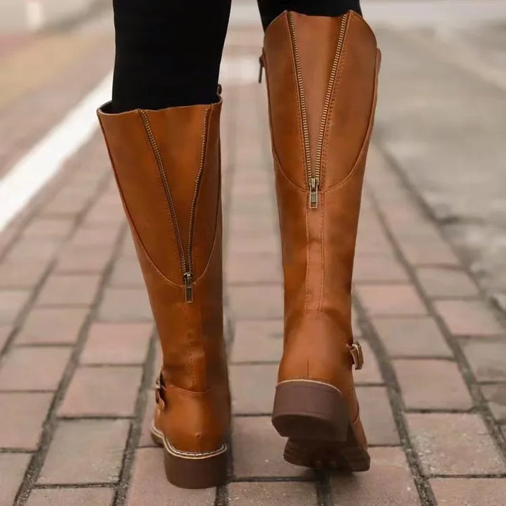 Women's Leather Knee High Boots with Buckle Detail