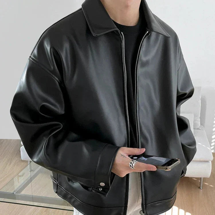 Men's Leather Zip-Up Jacket in an Oversized Fit