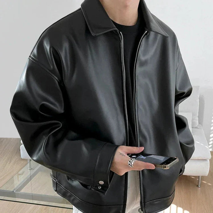 Men's Leather Zip-Up Jacket in an Oversized Fit