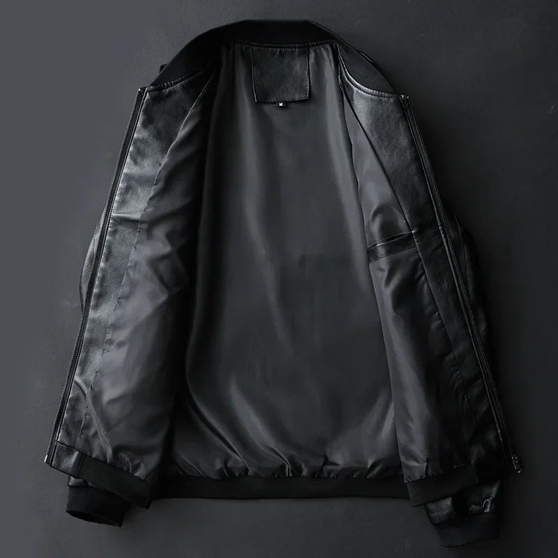 Men's Leather Bomber Jacket with Ribbed Trims