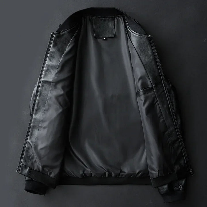 Men's Leather Bomber Jacket with Ribbed Trims