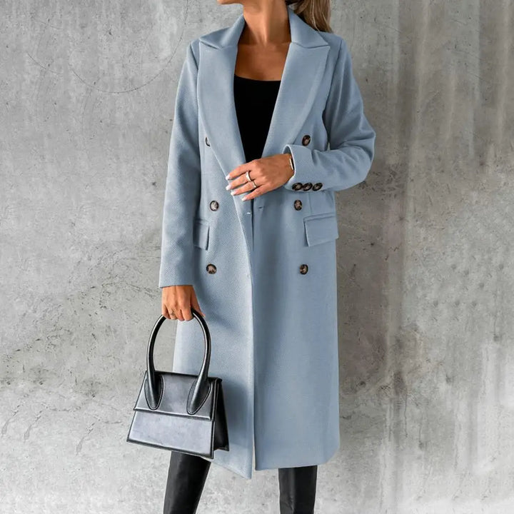 Women's Double-Breasted Long Coat with Notched Lapel