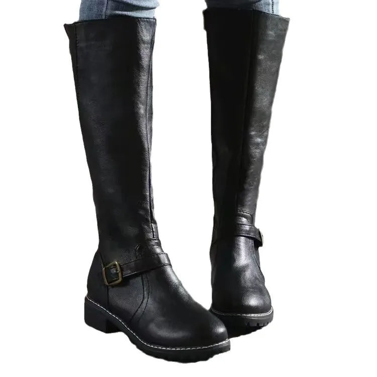 Women's Leather Knee High Boots with Buckle Detail