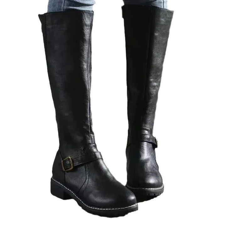 Women's Leather Knee High Boots with Buckle Detail