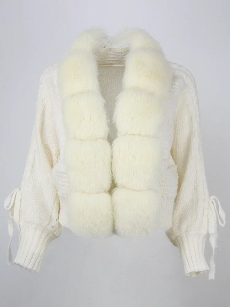 Women's Fur Trim Knitted Cardigan in Cropped Fit