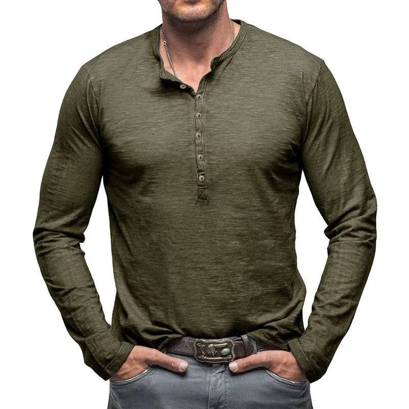 Men's Long Sleeve Henley with Extended Button Placket