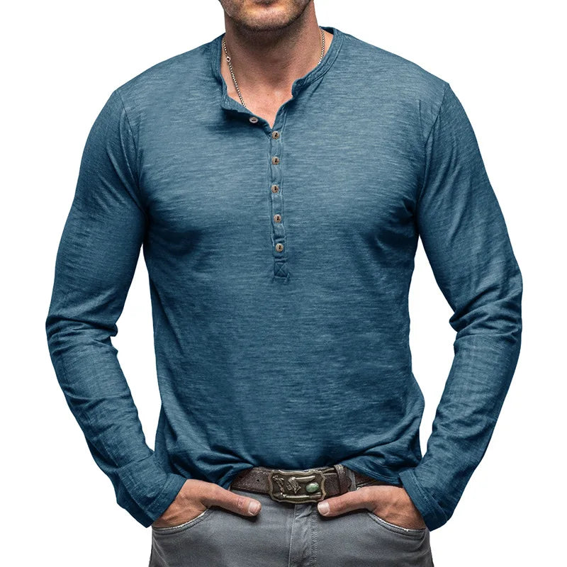 Men's Long Sleeve Henley with Extended Button Placket