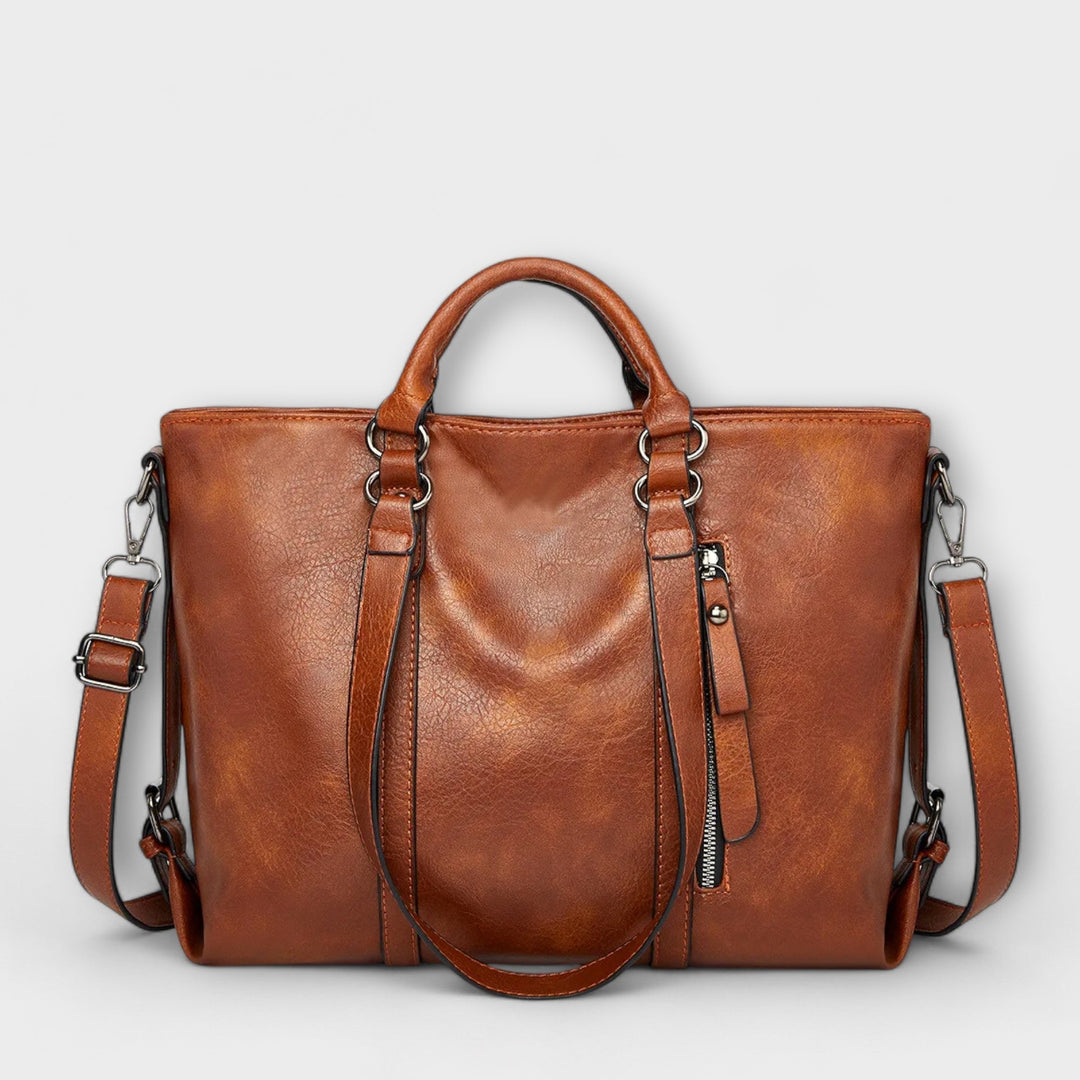 Women's Leather Tote Bag with Front Zip Pocket