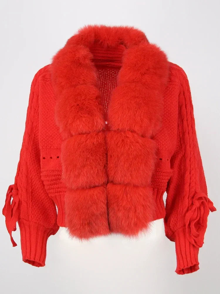 Women's Fur Trim Knitted Cardigan in Cropped Fit