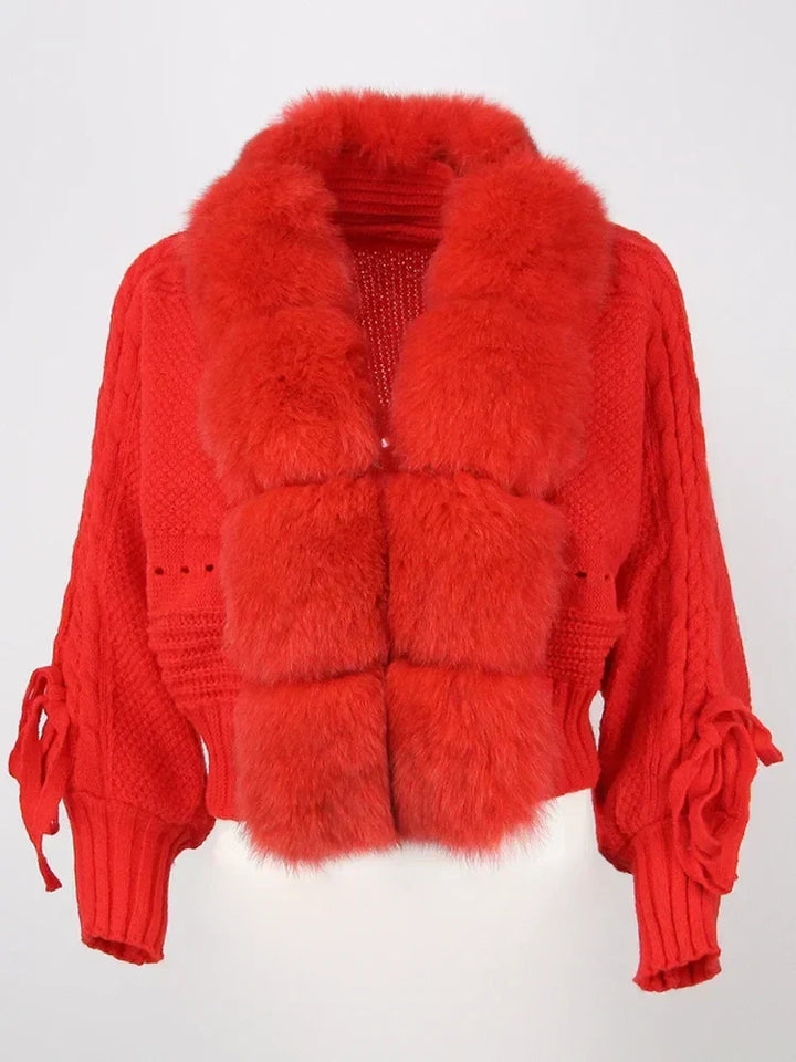 Women's Fur Trim Knitted Cardigan in Cropped Fit