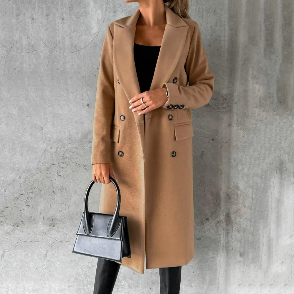 Women's Double-Breasted Long Coat with Notched Lapel