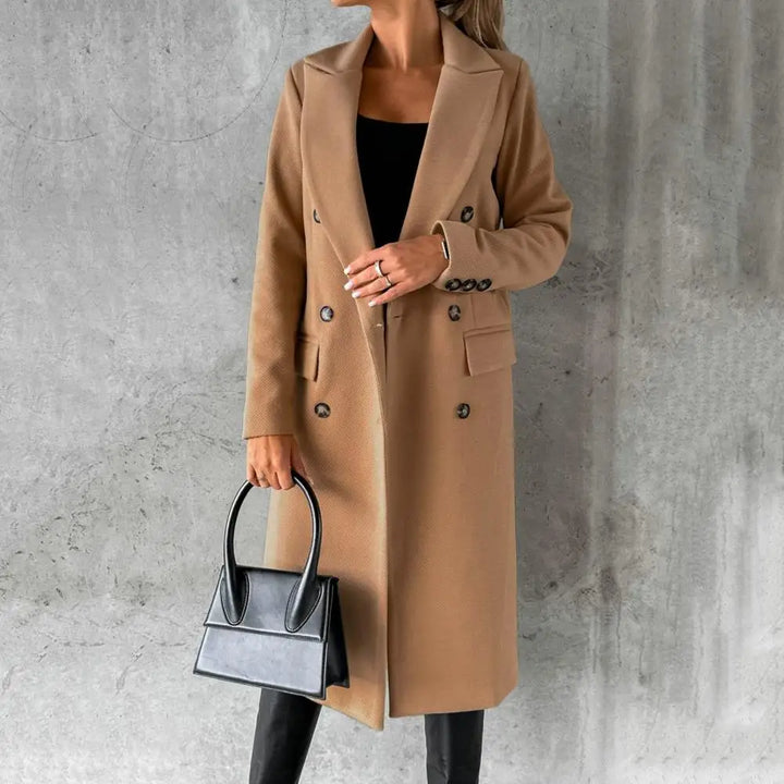 Women's Double-Breasted Long Coat with Notched Lapel