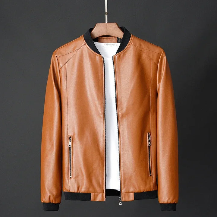 Men's Leather Bomber Jacket with Ribbed Trims