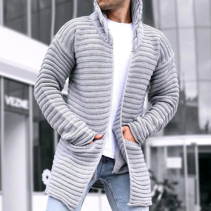 Men's Ribbed Knit Longline Cardigan with Shawl Collar