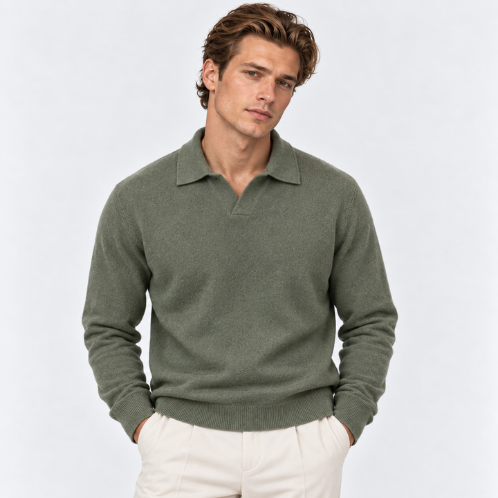 Men's Knit Polo Sweater with Open Collar