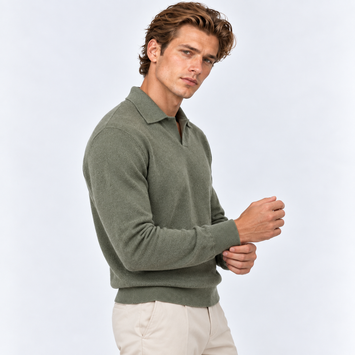Men's Knit Polo Sweater with Open Collar