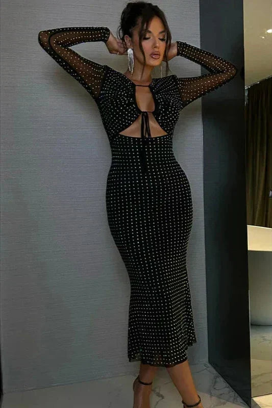 Women's Diamante Sheer Sleeve Bodycon Midi Dress
