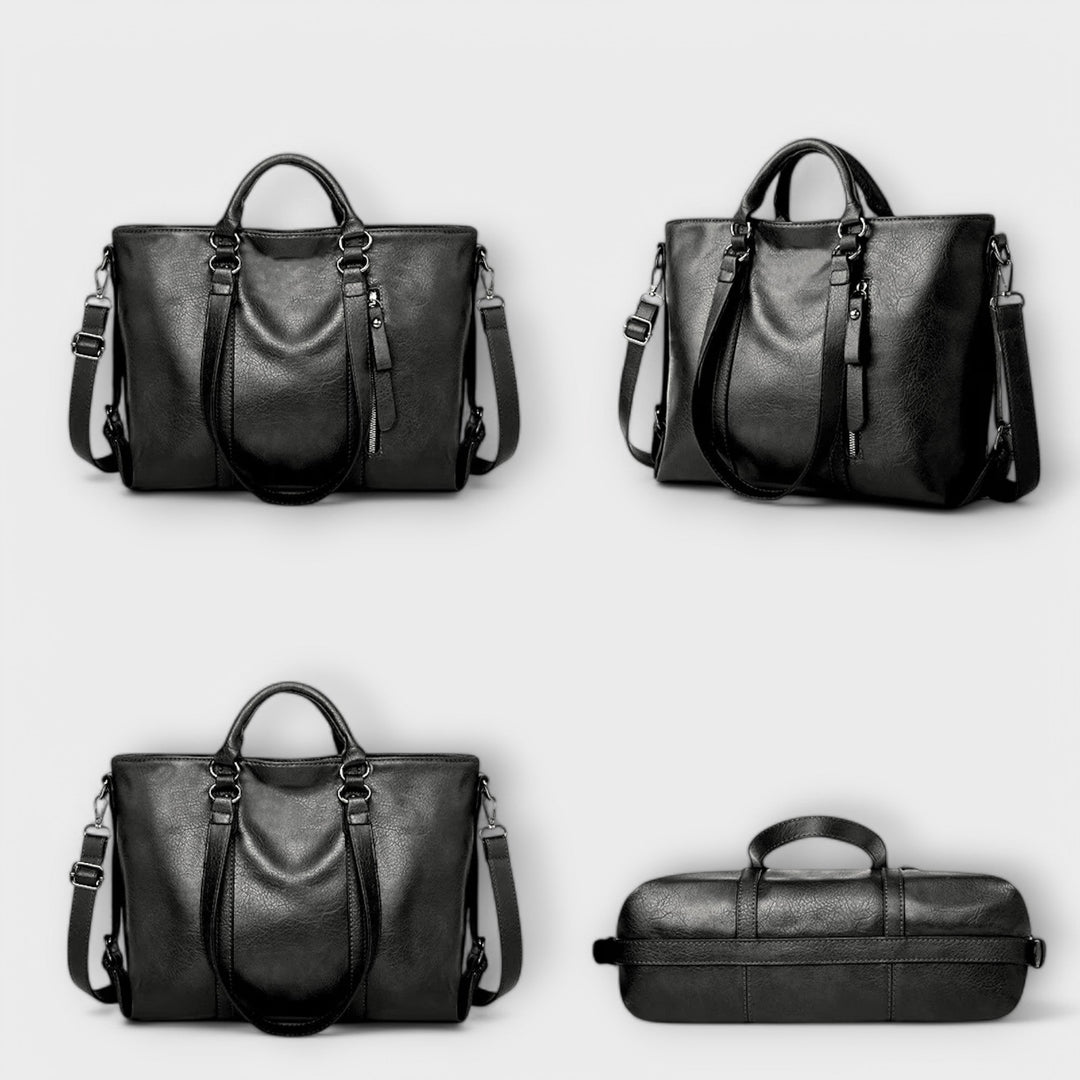Women's Leather Tote Bag with Front Zip Pocket