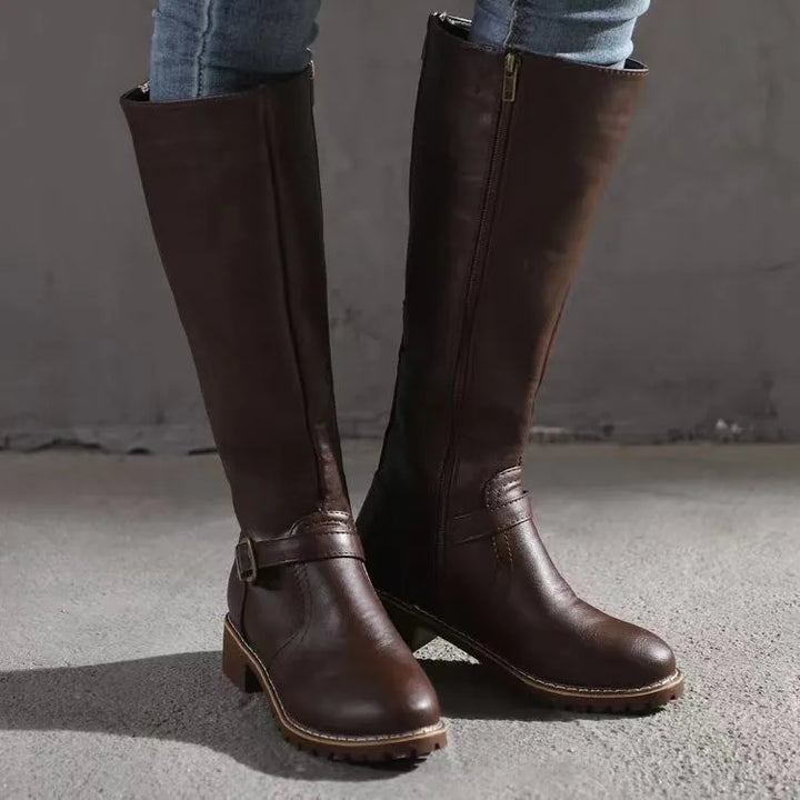 Women's Leather Knee High Boots with Buckle Detail