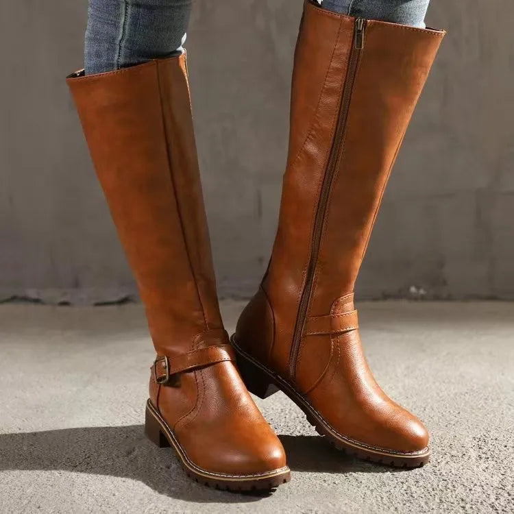 Women's Leather Knee High Boots with Buckle Detail