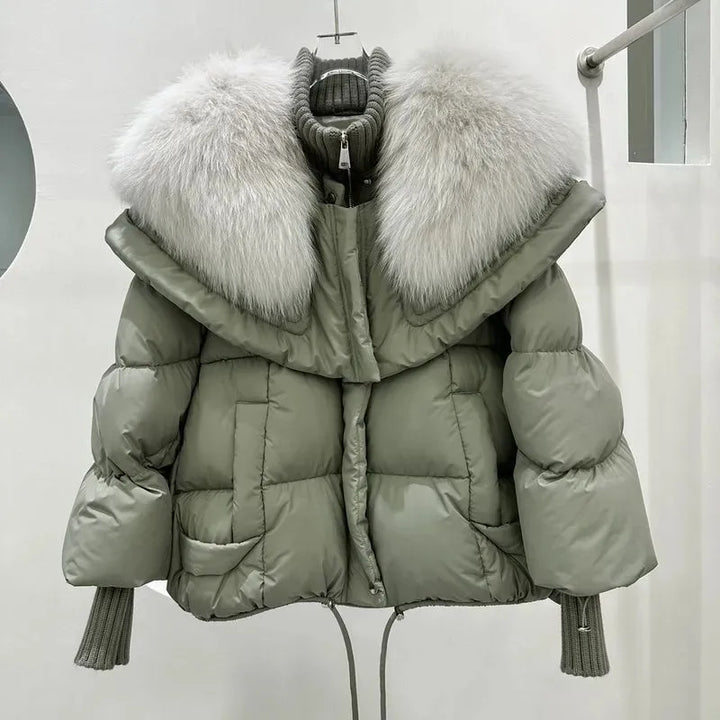 Women's Cropped Puffer Jacket with Oversized Fur Collar