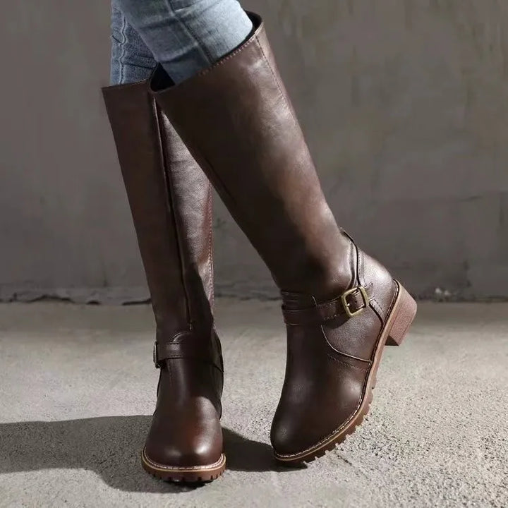 Women's Leather Knee High Boots with Buckle Detail