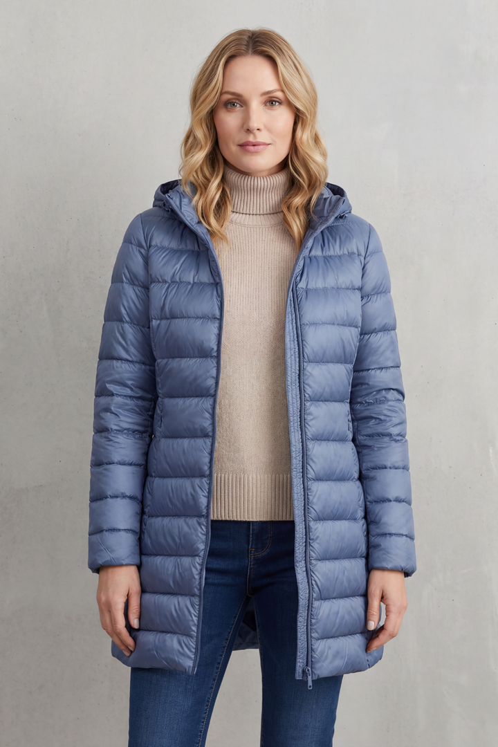 Women's Ultra-Lightweight Hooded Down Jacket in a Longline Fit