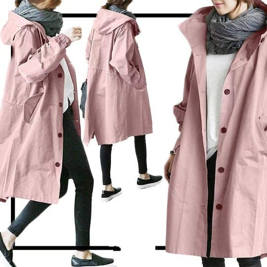Women's Hooded Trench Coat with Button-Front Closure