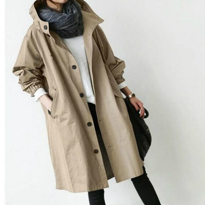 Women's Hooded Trench Coat with Button-Front Closure