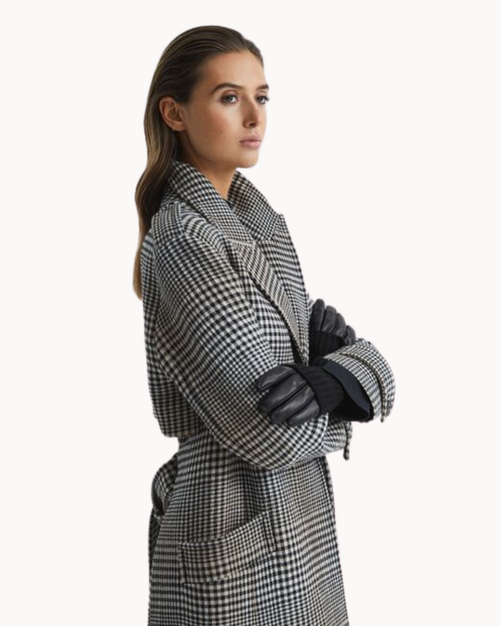 Women's Houndstooth Longline Wool Coat with Button Closure