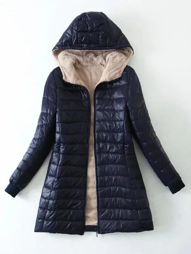 Women's Fleece-Lined Hooded Puffer Jacket with Zip Front