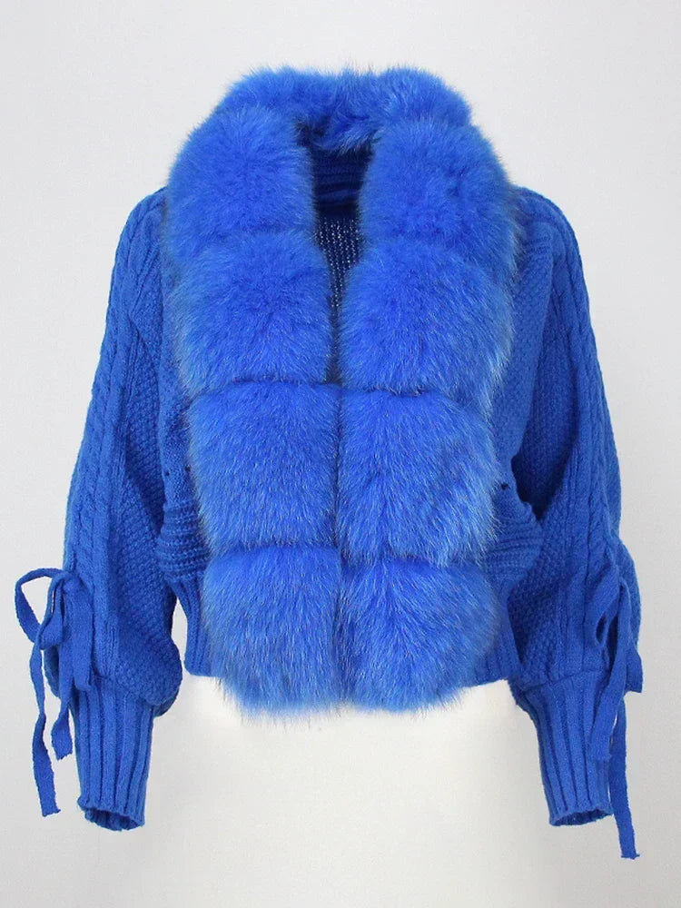 Women's Fur Trim Knitted Cardigan in Cropped Fit