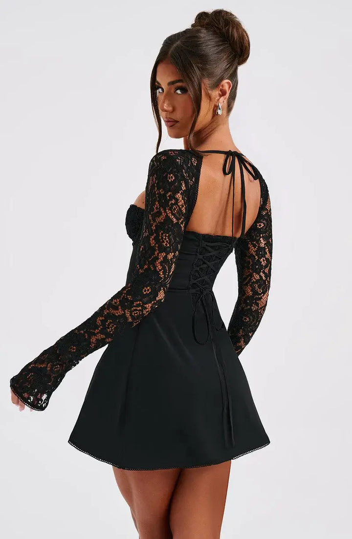 Women's Lace Sleeve Mini Party Dress with Tie Front