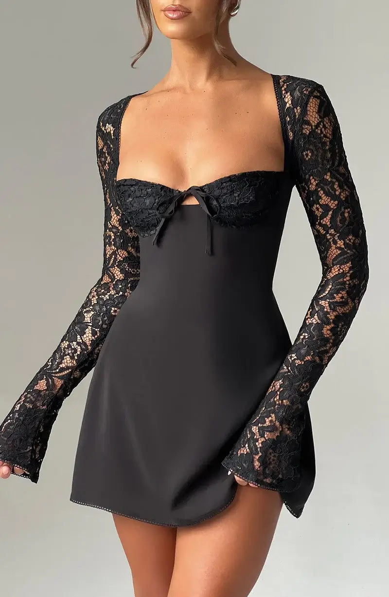 Women's Lace Sleeve Mini Party Dress with Tie Front