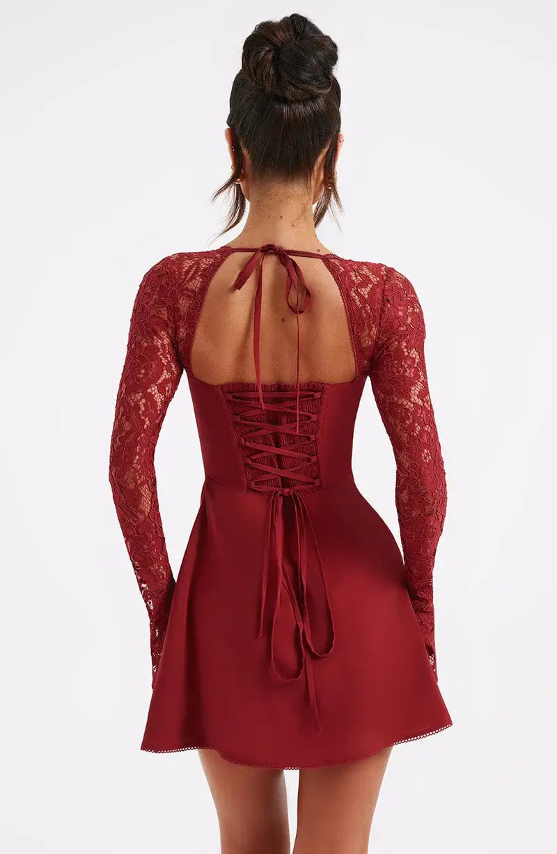 Women's Lace Sleeve Mini Party Dress with Tie Front