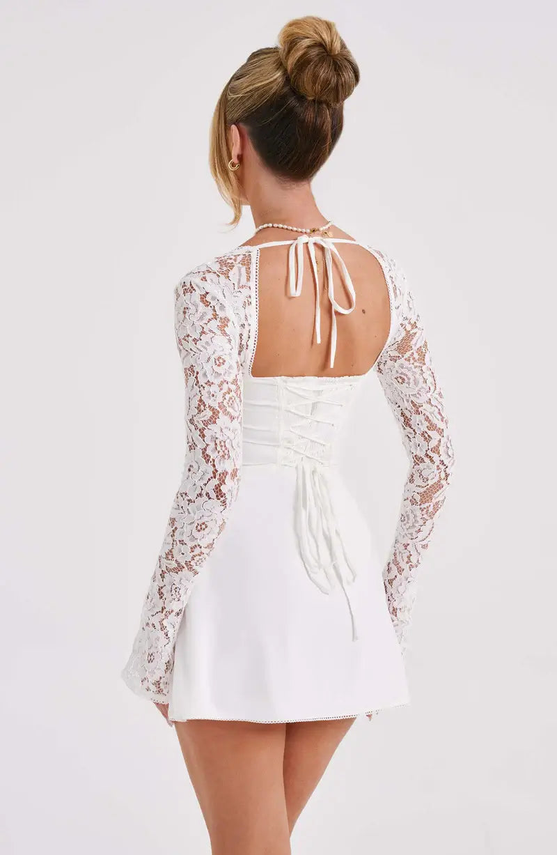 Women's Lace Sleeve Mini Party Dress with Tie Front
