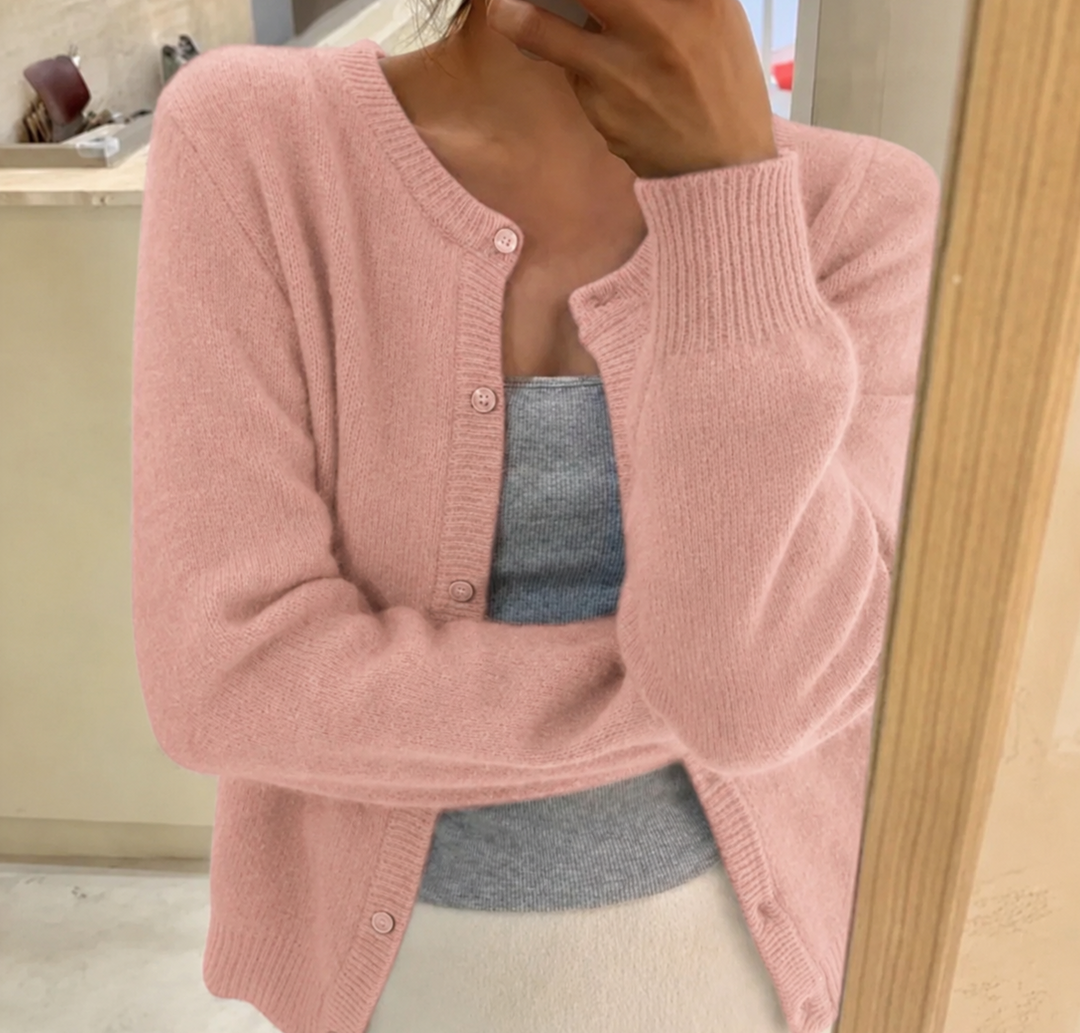 Women's Ribbed Knit Cardigan with Round Neckline