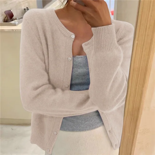 Women's Ribbed Knit Cardigan with Round Neckline
