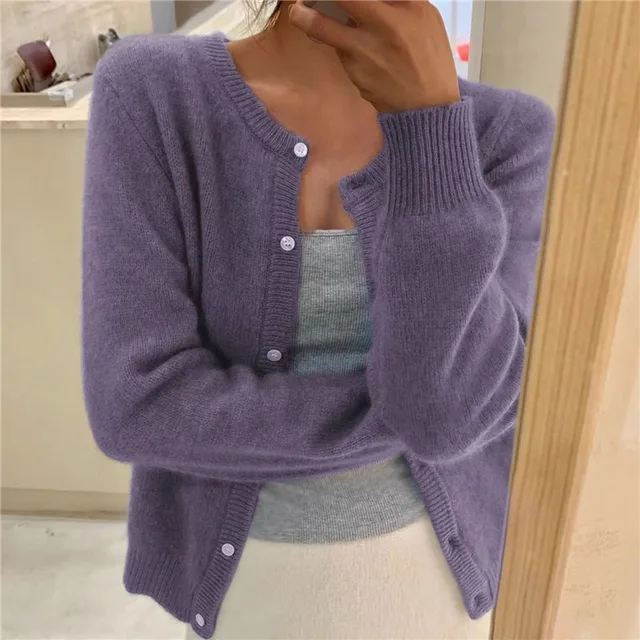 Women's Ribbed Knit Cardigan with Round Neckline