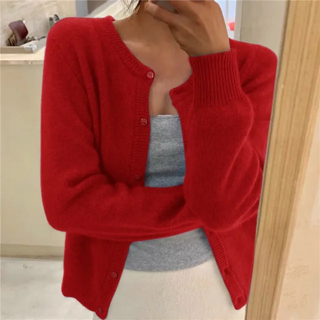 Women's Ribbed Knit Cardigan with Round Neckline